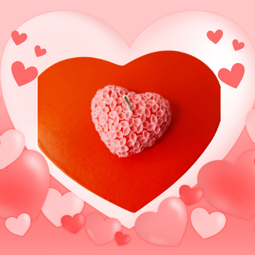 Bougie Cœur Parfumée -Romance Eternelle, bougie cœur rose sur fond orange, festive et romantique.