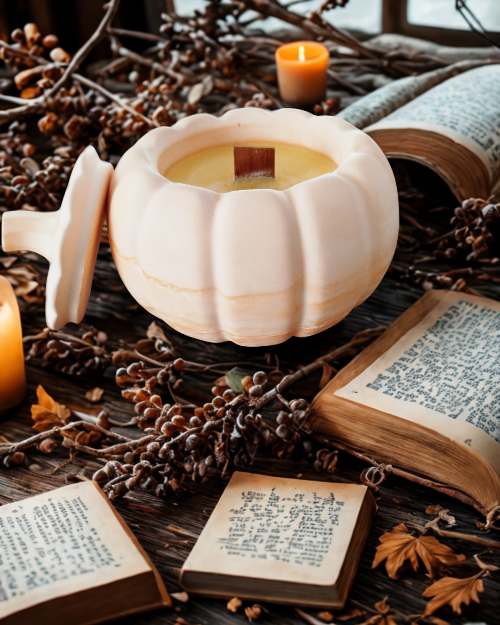 bougie citrouille artisanale avec couvercle à côté.