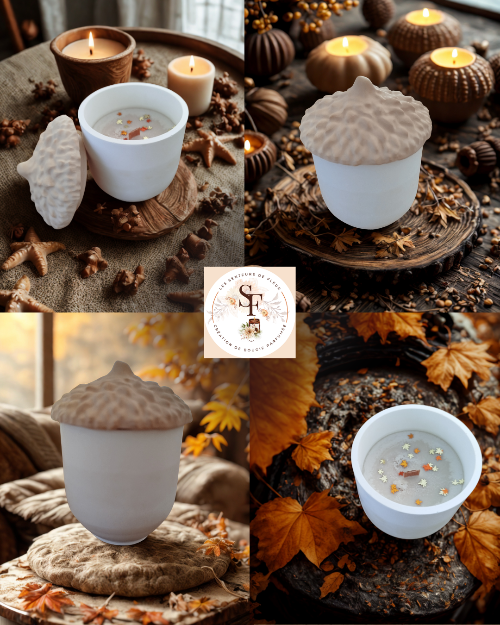 Bougie parfumée automnale - Gland en minéral fait main présentée dans un décor automnal chaleureux.