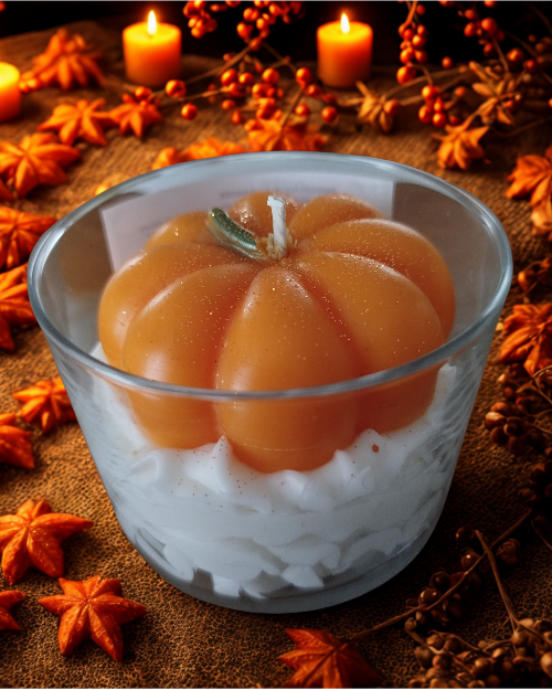 Bougie décorative citrouille, parfaite pour la décoration d’Halloween.
