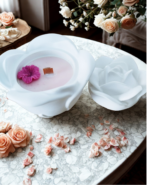 Gros plan sur les pétales de la bougie décorative Rose Éternelle.