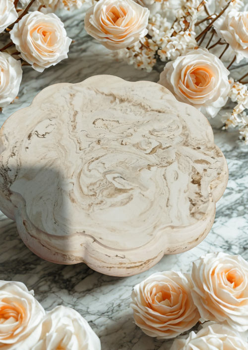 Marbella - vide-poches en résine minérale, décoré avec des fleurs en papier et pose sur un plateau marbré.