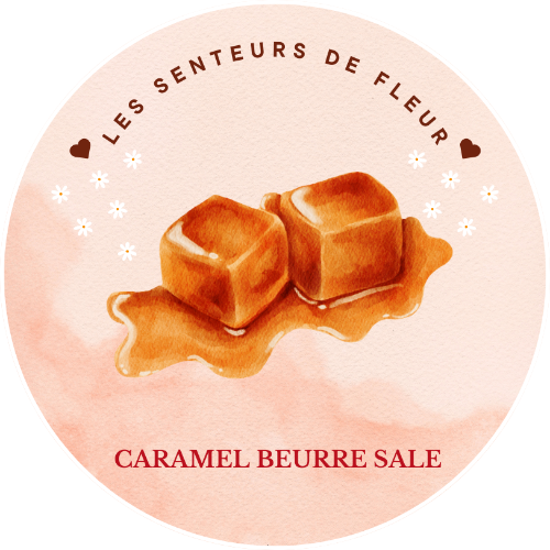 Fondants - Caramel Beurre Salé artistic illustration of caramel cubes on a decorative circle background.