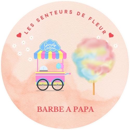 Illustration of a candy cotton cart with the text 'Barbe à Papa' for Fondant parfumé - Barbe à Papa.