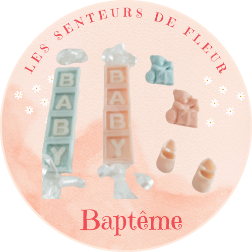 Fondants Parfumés Personnalisés - Édition Spéciale Baptême en forme de biberons et pieds de bébé, décoration pour baptême.