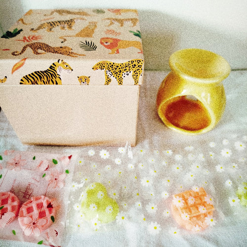 Un brûle-parfum jaune éclatant accompagné de fondants parfumés, le tout dans une boîte décorative à motifs de félins.
