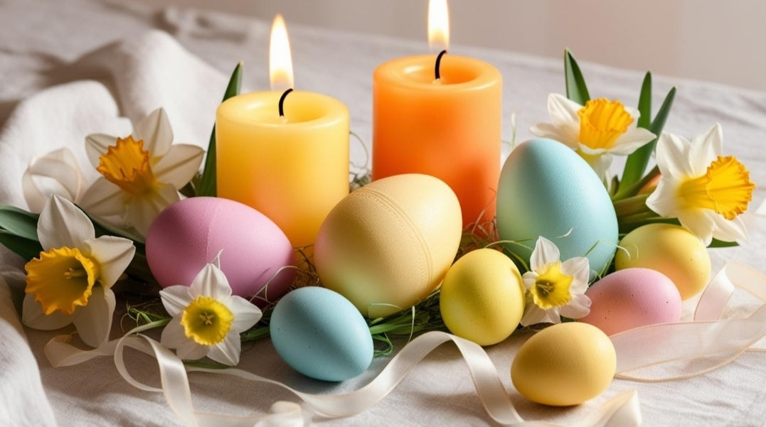 Collection Bougies Printemps Pâques avec bougies jaunes, œufs colorés et fleurs de jonquilles.