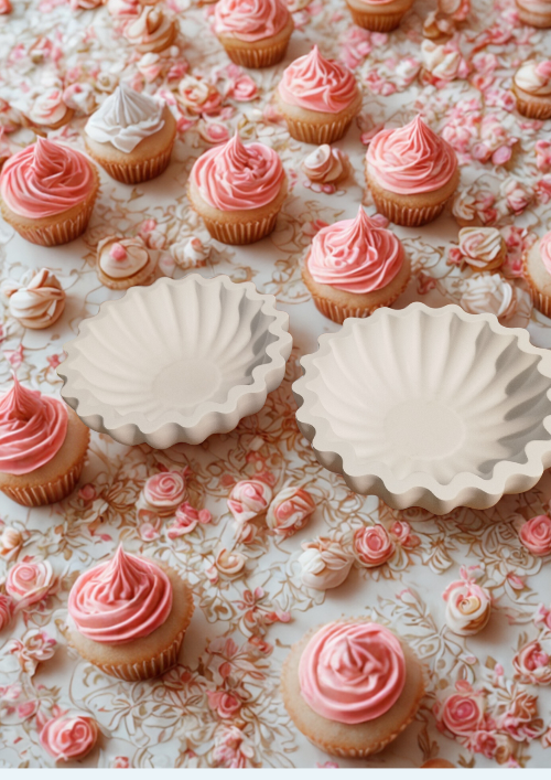 Ecrin de pétales décoratif vide poche artisanal avec cupcakes sur un fond fleuri.