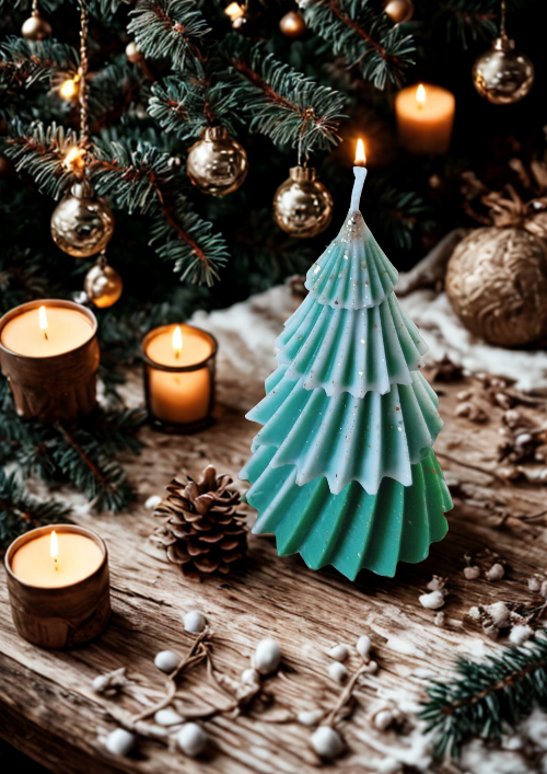 Bougie Sapin de Noel - Parfumée dans un décor hivernal, avec guirlandes lumineuses et ornements dorés évoquant la magie de Noël.