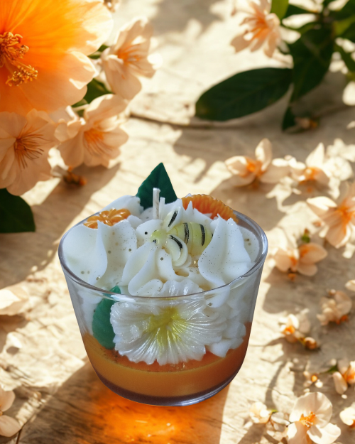 Bougies senteur Fleur d'Oranger 180g présentées avec des fleurs d'oranger et un décor apaisant.