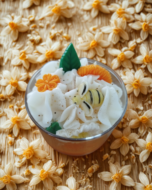 Bougies senteur Fleur d'Oranger 180g avec décoration florale et abeille en chocolat sur un fond de fleurs séchées.