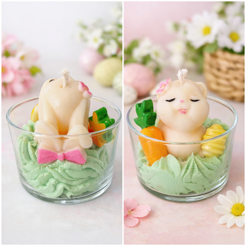 Bougie parfumée-Lapin Gourmand présentée dans un verre avec décor de légumes et crème colorée.