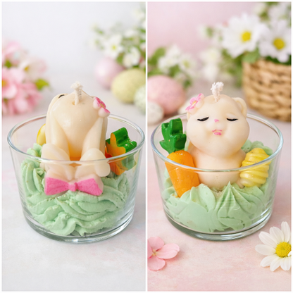 Bougie parfumée-Lapin Gourmand présentée dans un verre avec décor de légumes et crème colorée.