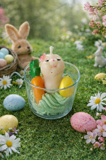 Bougie parfumée-Lapin Gourmand présentée dans un décor printanier avec des œufs colorés et un lapin en arrière-plan.