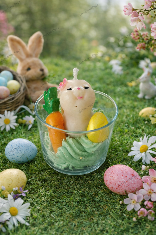 Bougie parfumée-Lapin Gourmand présentée dans un décor printanier avec des œufs colorés et un lapin en arrière-plan.