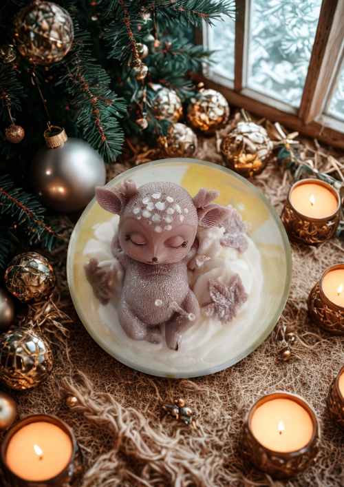 Bougie artisanale décorative en cire végétale, ornée d’un petit faon endormi sur une crème onctueuse, collection Rêve de Faon.