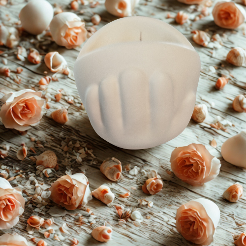 Bougie parfumée Cœur -Objet décoratif en résine fait main sur un lit de fleurs et coquillages.