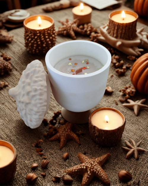 Bougie parfumée automnale - Gland en minéral fait main avec des bougies et éléments décoratifs.
