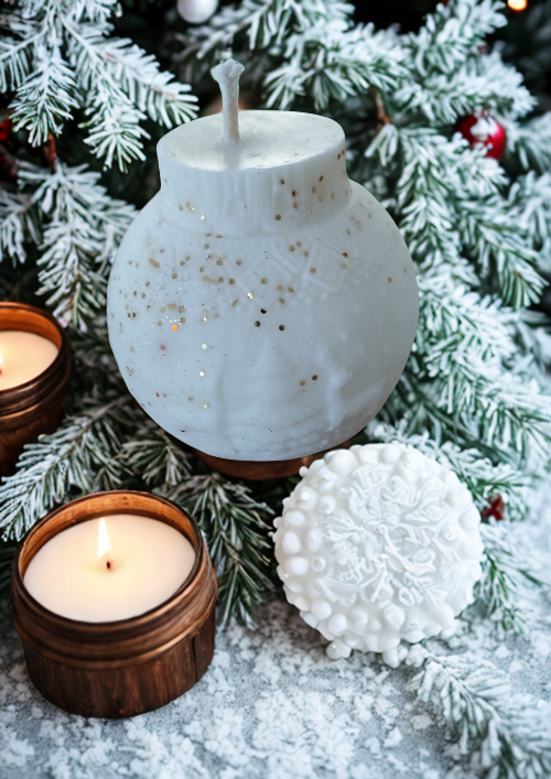 Scène chaleureuse de Noël avec Bougies -Boules de Noël parfumées et éléments naturels rappelant l’esprit des fêtes.