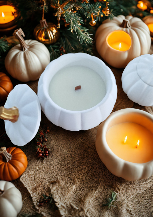 Bougie Citrouille Enchantée en résine Raysin 200 allumée sur une table d’automne, décoration artisanale chaleureuse.