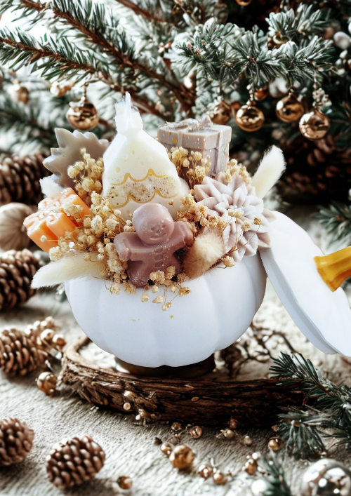 Centre de Table Parfumé – citrouille minérale sur une table d'automne, ambiance cosy et parfumée.