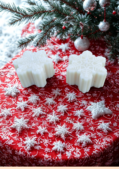 Bougie Étoile de Neige parfumée posée dans une décoration hivernale naturelle, ambiance douce et lumineuse.