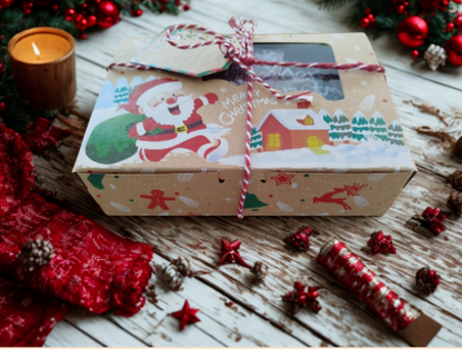 Box de 10 fondants parfumés de Noël placée dans une décoration festive, branches de sapin, bougies et ambiance chaleureuse.