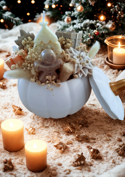Centre de table parfumé : citrouille en matière minérale garnie de fondants parfumés artisanaux — décoration automnale naturelle.