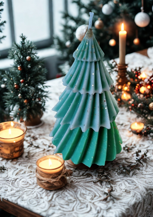 Bougie Sapin de Noel - Parfumée allumée, posée sur une table en bois entourée de branches de sapin et de pommes de pin, créant une ambiance chaleureuse.