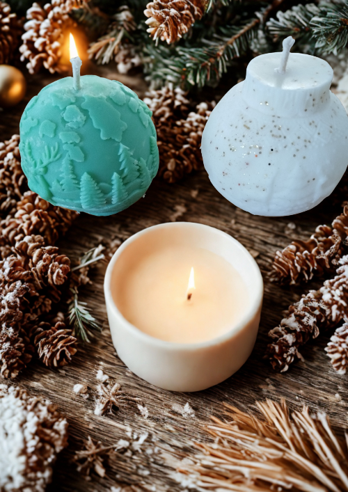 Bougies -Boules de Noël parfumées vertes et blanches posées sur une table en bois, entourées de pommes de pin enneigées et de branches de sapin.