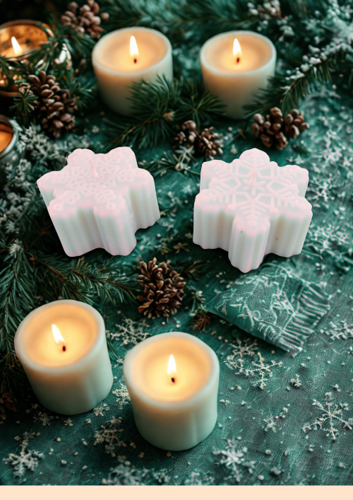 Bougie Étoile de Neige parfumée, création artisanale d’hiver en cire naturelle, forme étoile élégante et parfum doux.