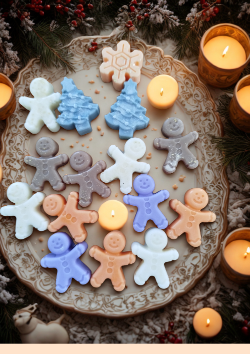 Fondants parfumés aux Senteurs de Noel sur une assiette avec des bougies et des décorations festives.