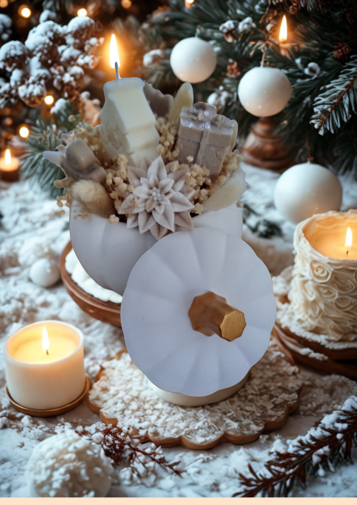 Centre de Table Parfumé – Citrouille en Minérale & Fondants Artisanaux décoratif avec bougies et fleurs.