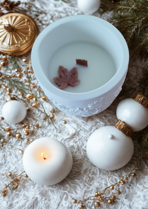 Bougie parfumé Forêt Enchantée dans un joli pot, entourée de boules blanches et décorations de Noël.